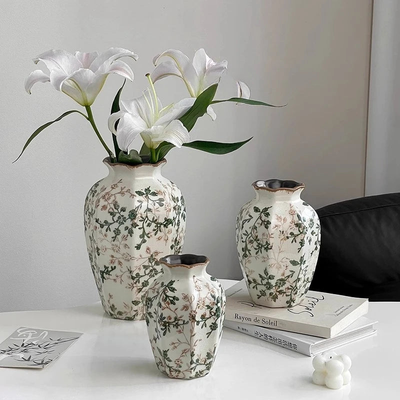 New Chinese pastoral green retro ceramic vase flower arrangement hydroponics living room dining table creative ornament