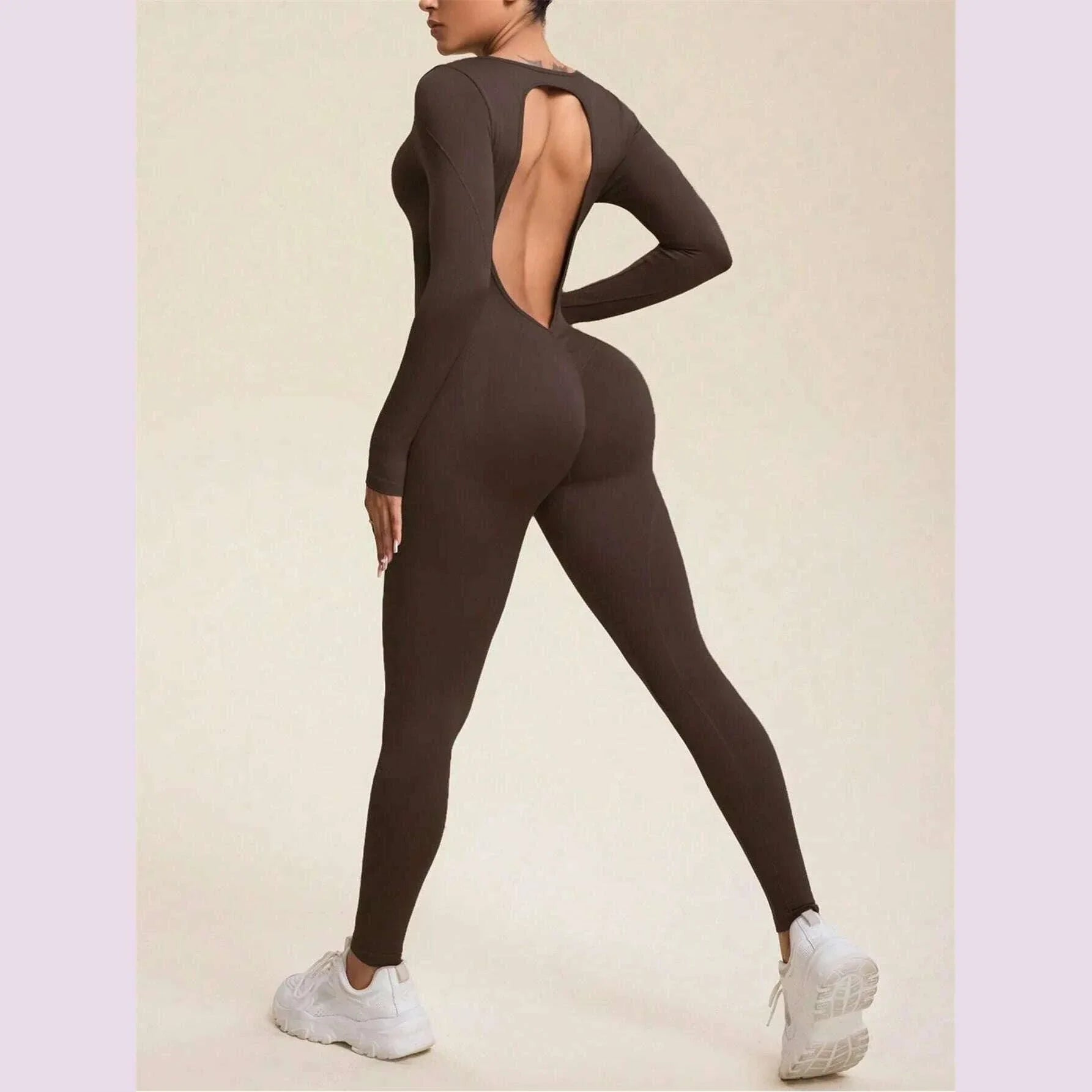 Women Jumpsuits Long Sleeve Sexy Backless Bodycon Rompers Scrunch Butt V Back Playsuit Workout Bodysuit