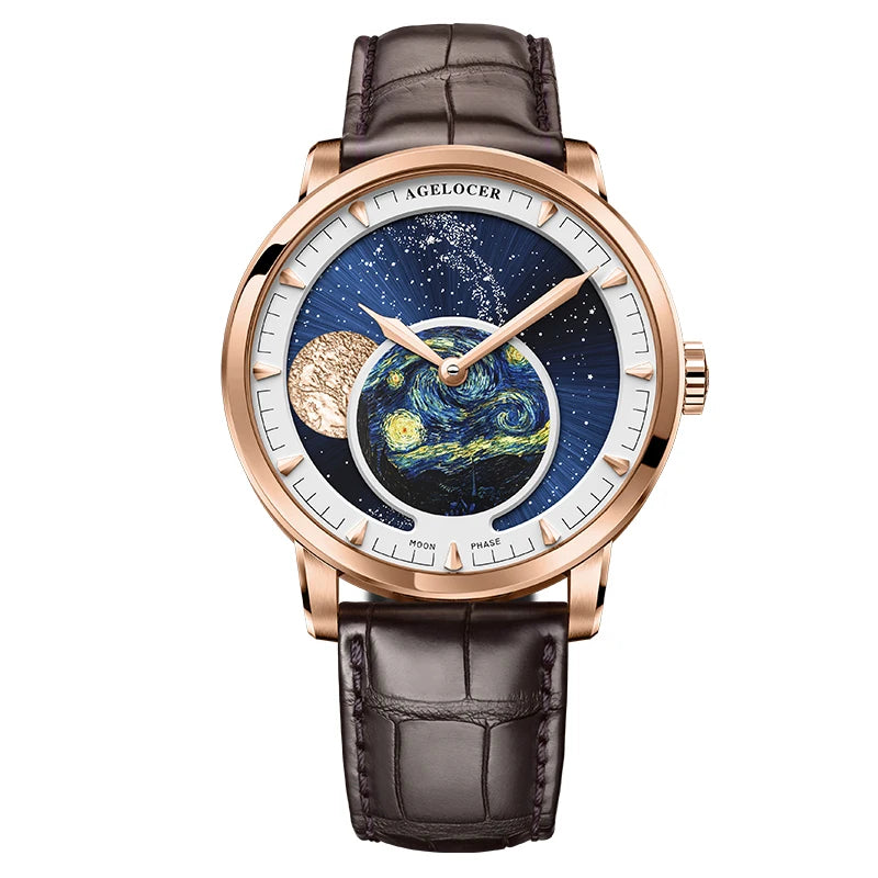 AGELOCER Original Astronomer Watch Men's Business Luxury Gold Watch Automatic Mechanical Moon Phase Watch Birthday Gift for Men