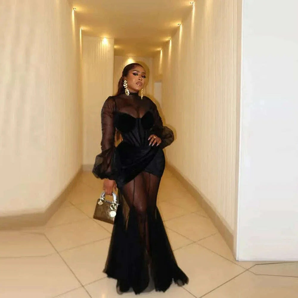 Sexy See Through Evening Dresses Puffy Long Sleeves High Neck Mermaid Prom Dress For African Women Illusion Girls Birthday Gowns