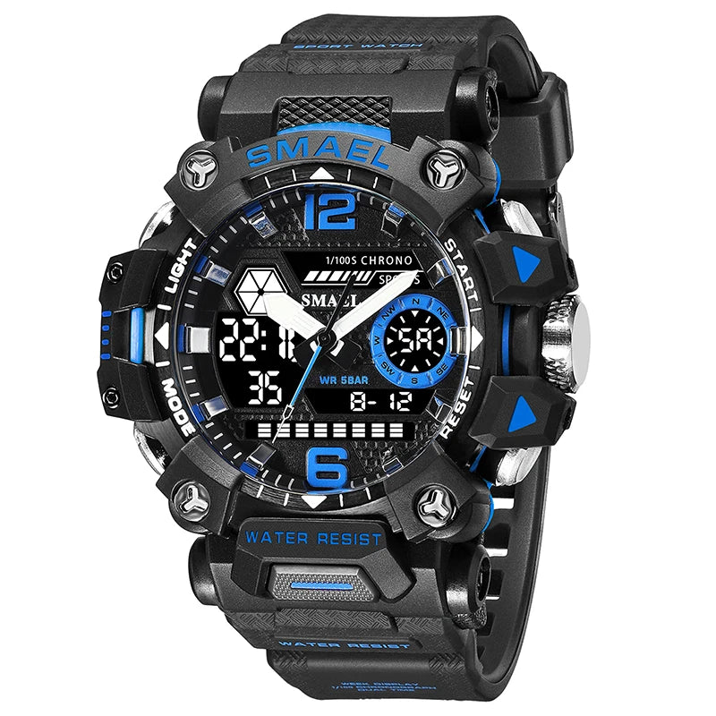 SMAEL Men Watches 50m Waterproof Sports Watch Military Man Sports Watch Digital 8072 Dual Display Watch Quartz Led Digital