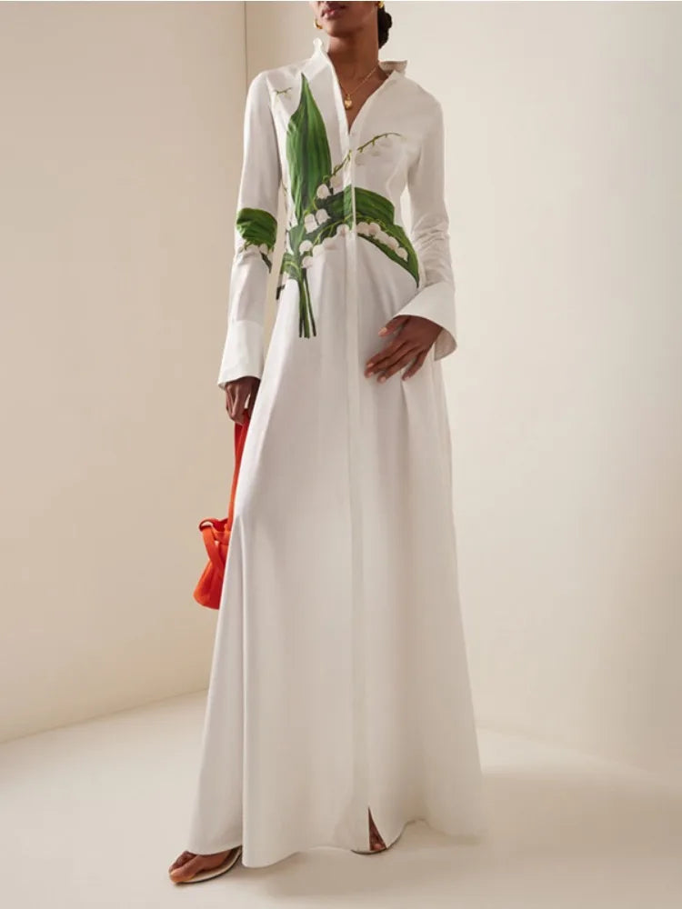 Women's Elegant Floral Printed Formal Office Shirts Dress Long Sleeves Buttoned Stand Collar Party Evening A-line Maxi Dresses - Kimlud