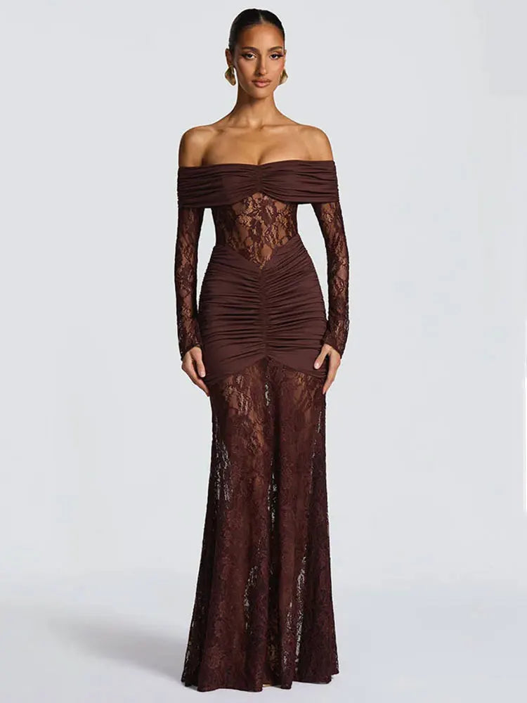 GACVGA Elegant Mesh Lace Patchwork Bodycon Maxi Dress for Women Summer Sexy Off-Shoulder Sheer Party Club Evening Long Dress