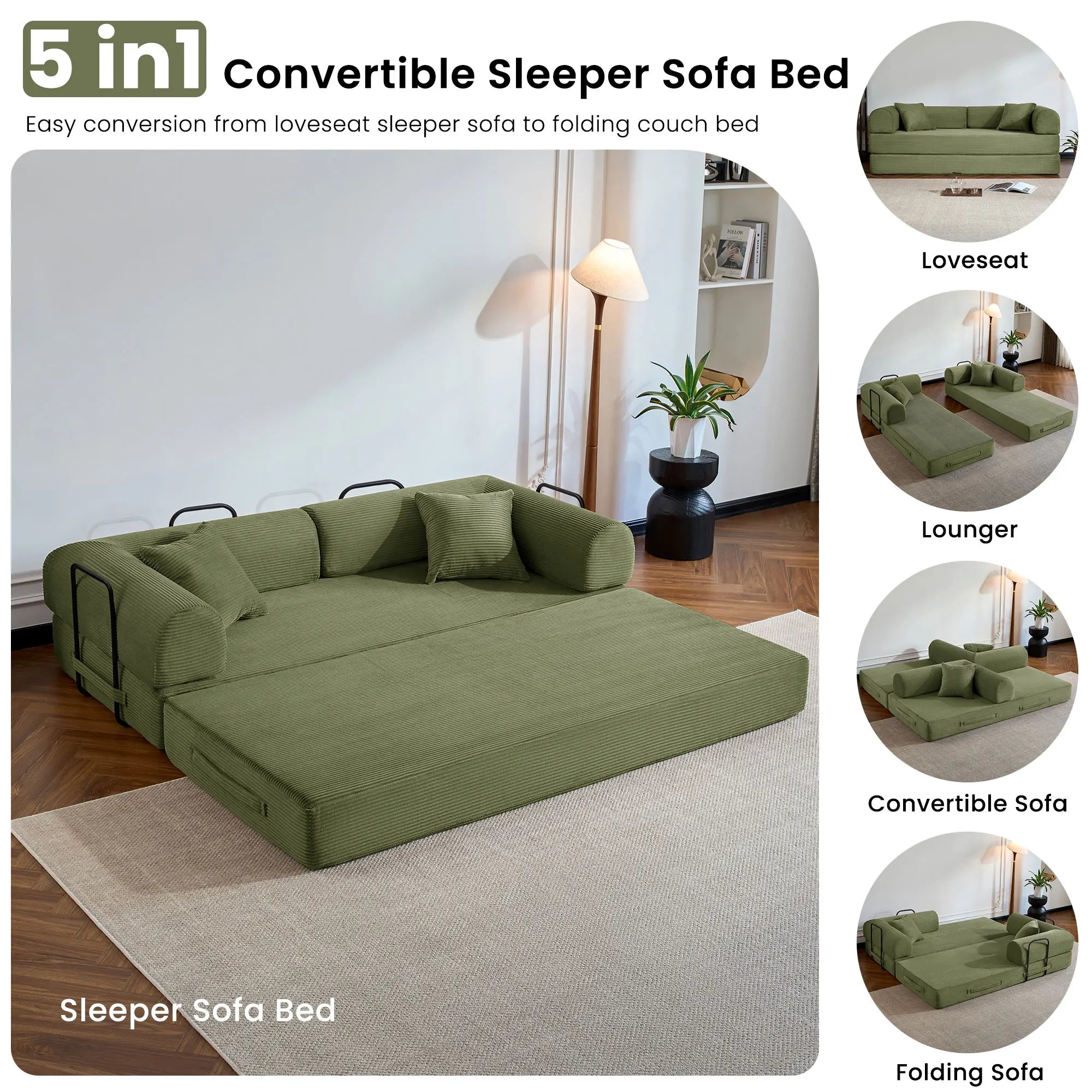 79’’ Folding Convertible Sofa Bed Corduroy Upholstered Boneless Couch, Loveseat Sleeper Floor Sofa for Living Room Bedroom - Kimlud