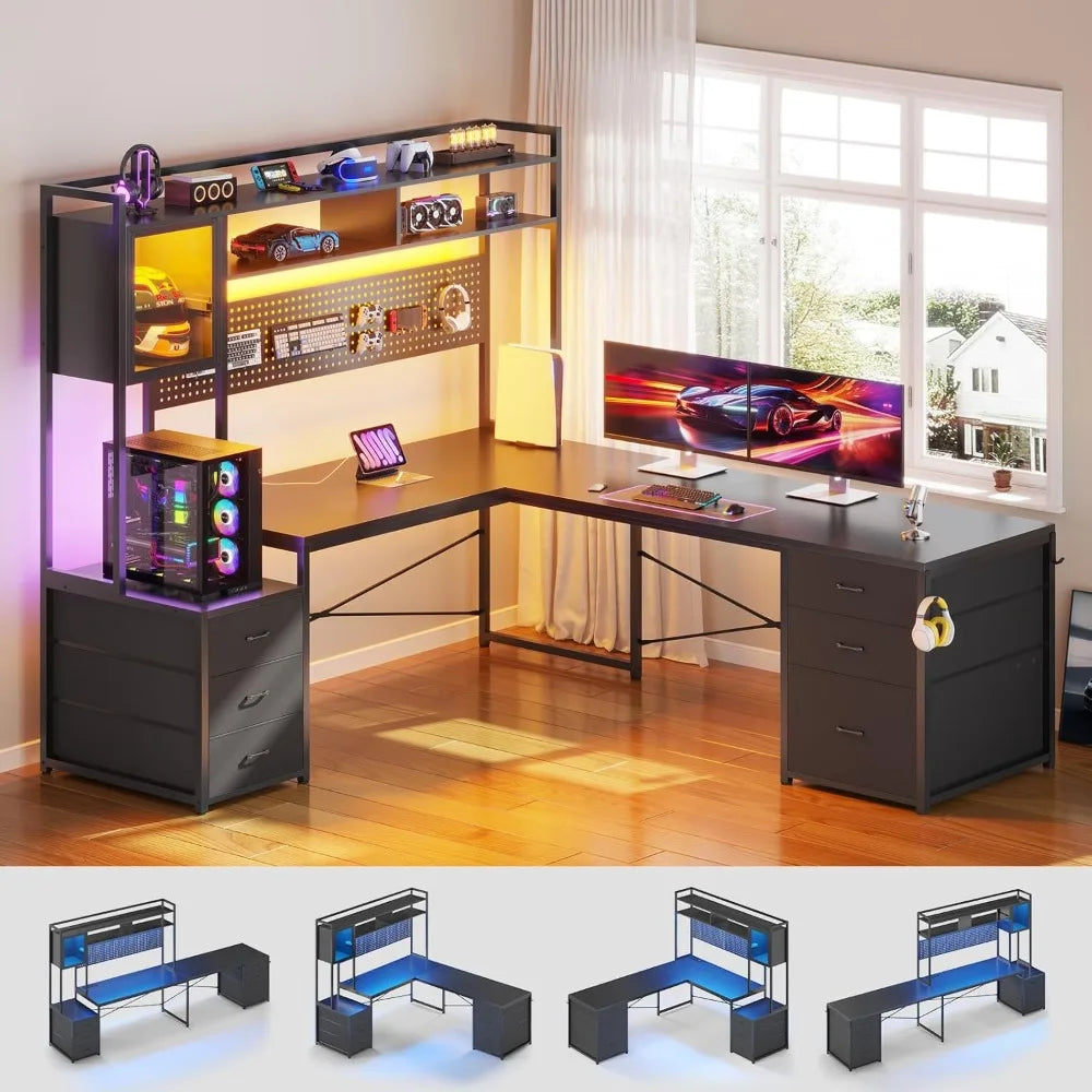 L Shaped Gaming Desk with Drawers, Reversible Computer Corner Desk with File Drawer, Hutch, Storage Shelves for,Customized - Kimlud