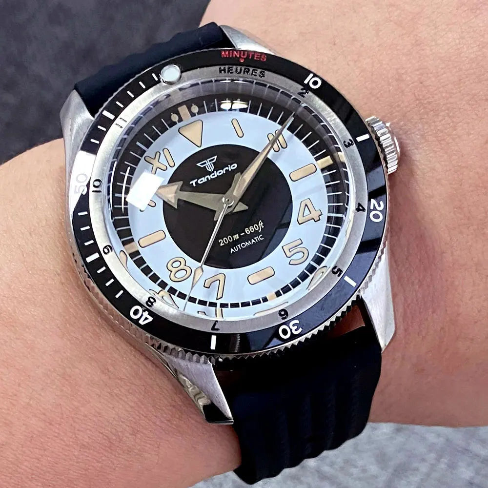 Tandorio Vintage 20ATM Dive Swim Watches Domed Sapphire Black White NH35 PT5000 40mm Automatic Mechanical Men Watch Luminous New