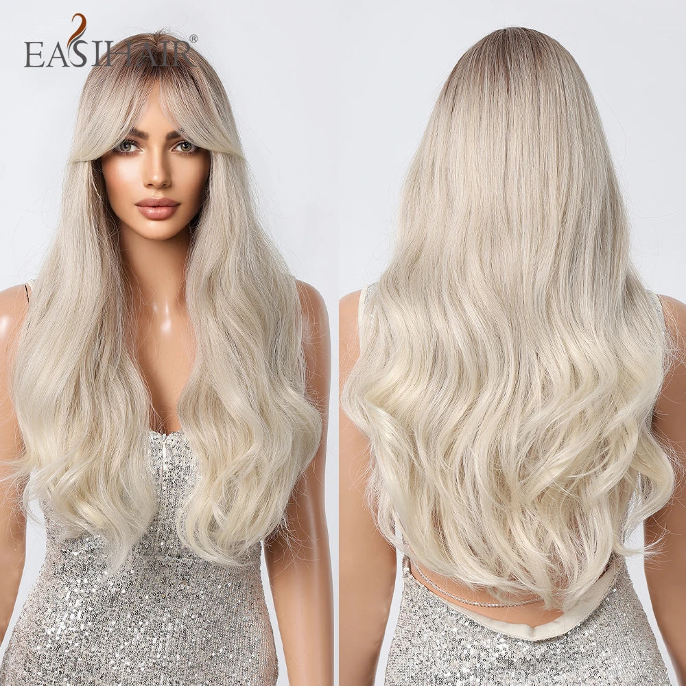 EASIHAIR Sandy Blonde Golden Wavy Synthetic Wigs with Long Bangs Cosplay Lolita Party Hair Wigs for Women Natural Heat Resistant