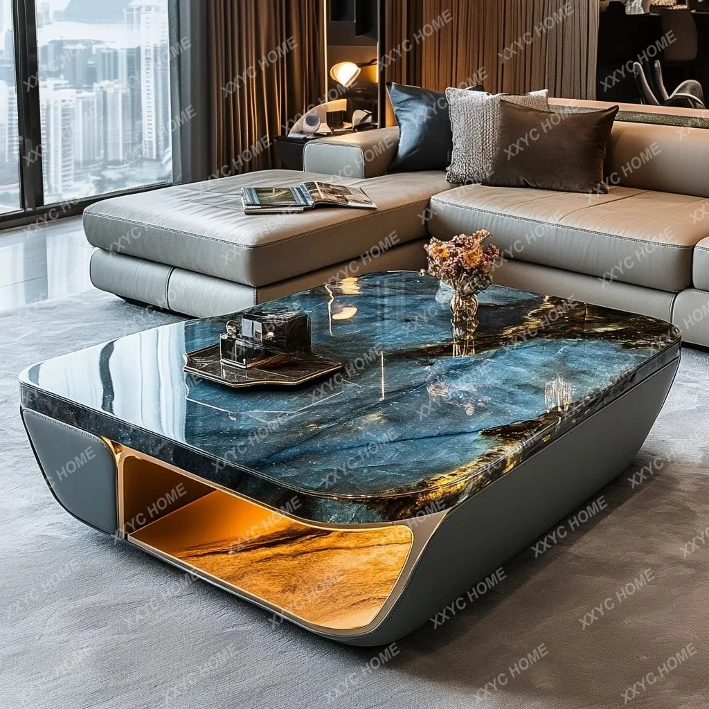Luminous blue jadeite luxury stone coffee table elegant modern living room advanced design jade minimalist marble villa home - Kimlud