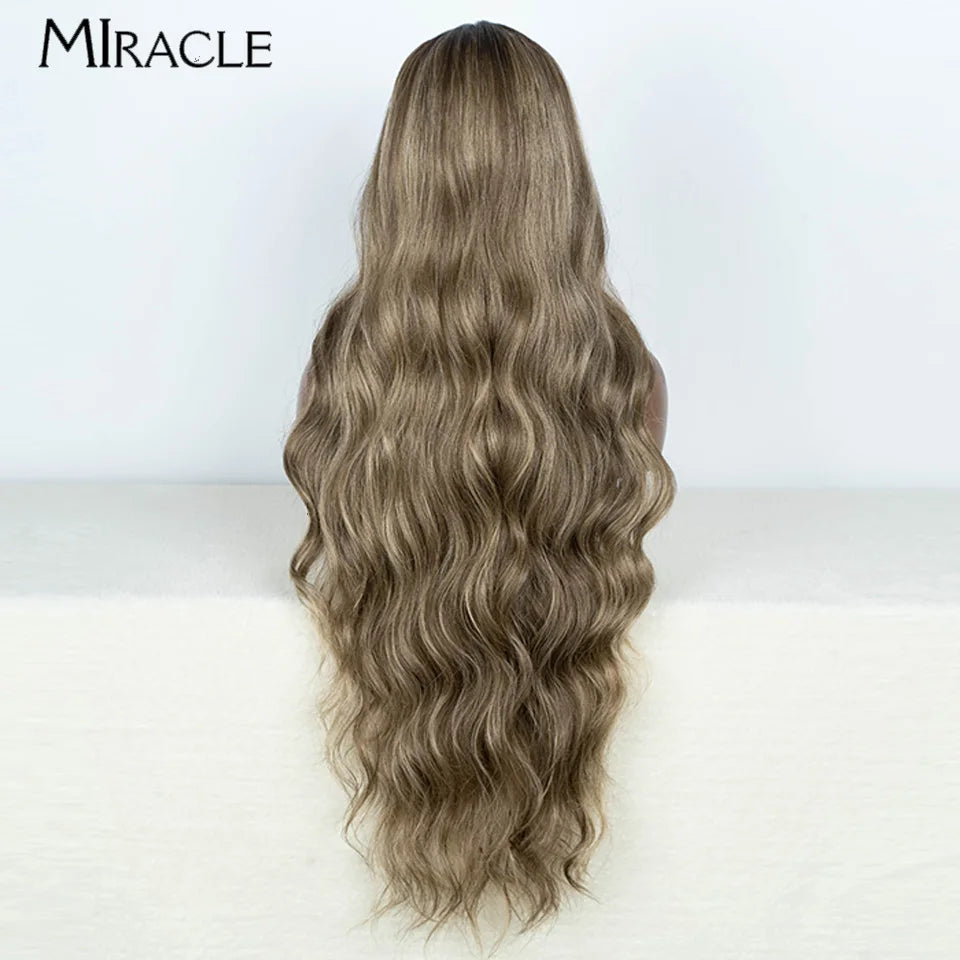 MIRACLE Synthetic 34 Inch Lace Front Wig for Women Ombre Blonde Loose Wave Wigs Famale Cosplay Wig Long Lace Wigs Wavy Fake Hair
