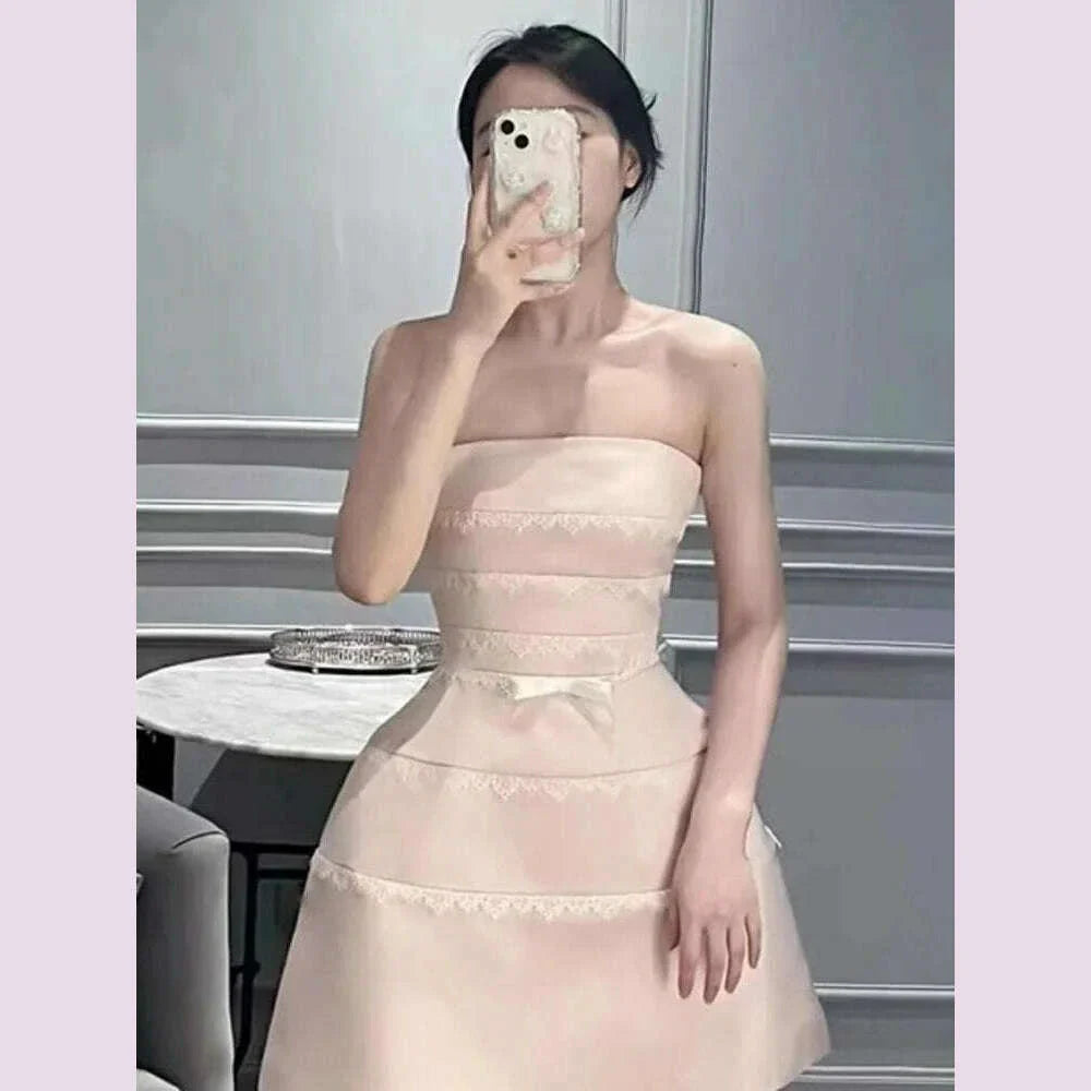 DEAT Sexy Lace Bow Spliced Solid Color Strapless Backless Sleeveless High Waist Women's Mini Dress 2025 Spring New Tide 15DZ504
