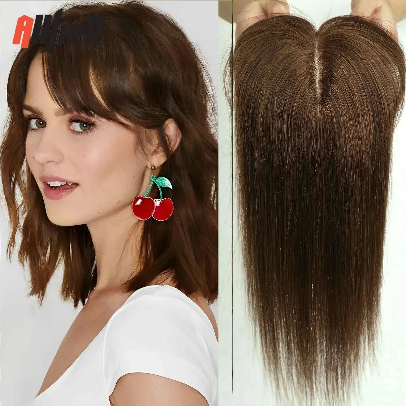 10/12/14 inches Hair Toppers for Women Brown Blonde Ombre Human Hair Toppers Silk Base Clips in Hair Extension Topper With Bangs