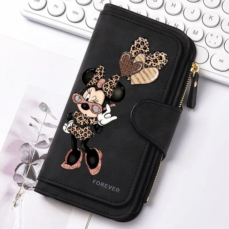 Mickey Minnie Lady Long Zip Wallet Buckle Tote Bag Coin Purse Soft PU Leather Multi-functional Card Holder Casual Daily