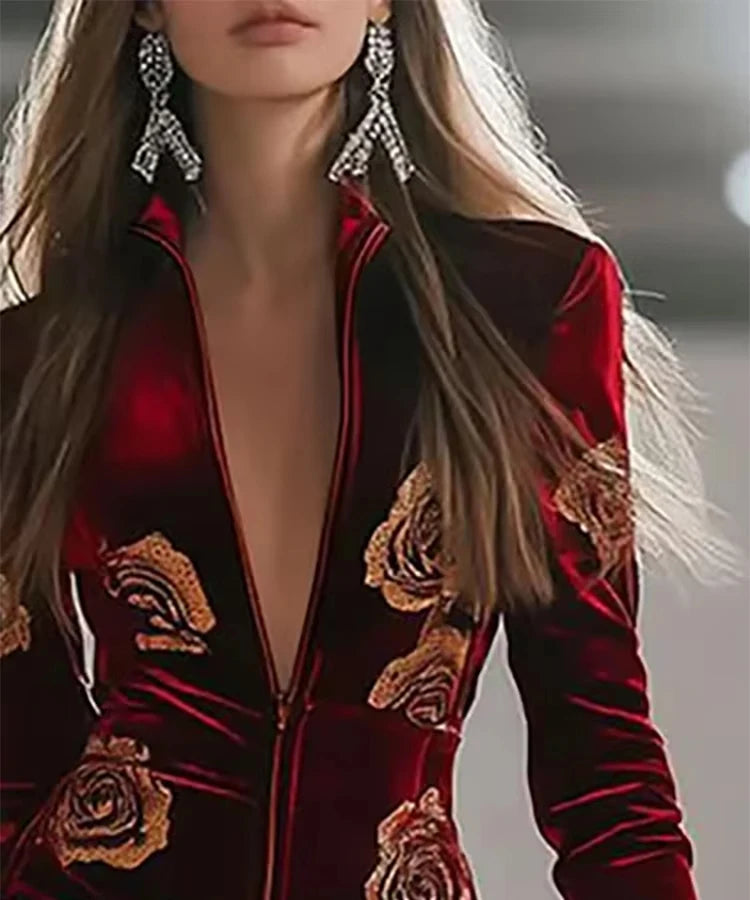 Elegant Velvet Zipper Jumpsuits For Women Floral Printed Decor Long Sleeve Jumpsuit Romper Outfits 2025 Autumn Female Chic Suits