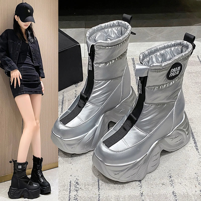 10CM Winter Women's Fur Snow Boots Keep Warm Chunky Short Boots Outdoor Plush Mid-calf Shoes Platform Anti-skid Leather Sneakers