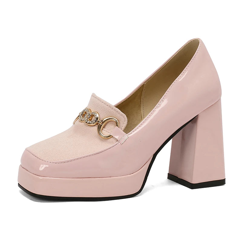 Extra Big Size 49 50 Bright Yellow Metal Crystal Chain Woman's Pumps Spring Fall Shoes Slip-on Loafers Platform Block High Heels