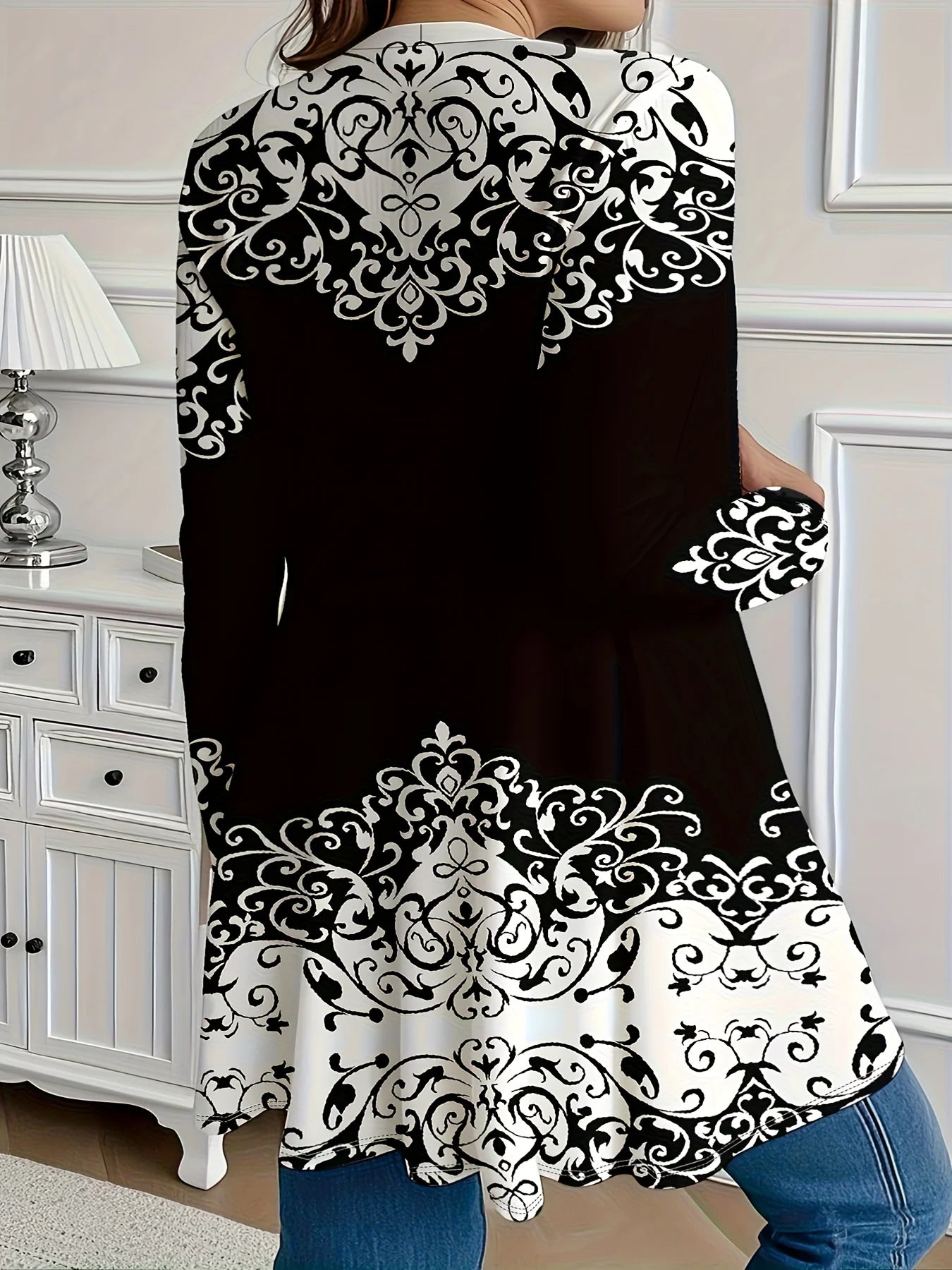 Elegant Plus Size Women's Long Sleeve Open Front Cardigan with Black and White Floral Print Design