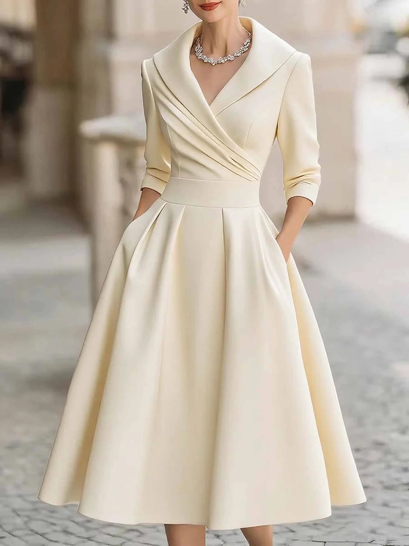 Women Elegant Wedding Guest Dress Turndown Collar Mid-Length Waisted A-Line Evening Dress Cocktail Party Satin Midi Dresses