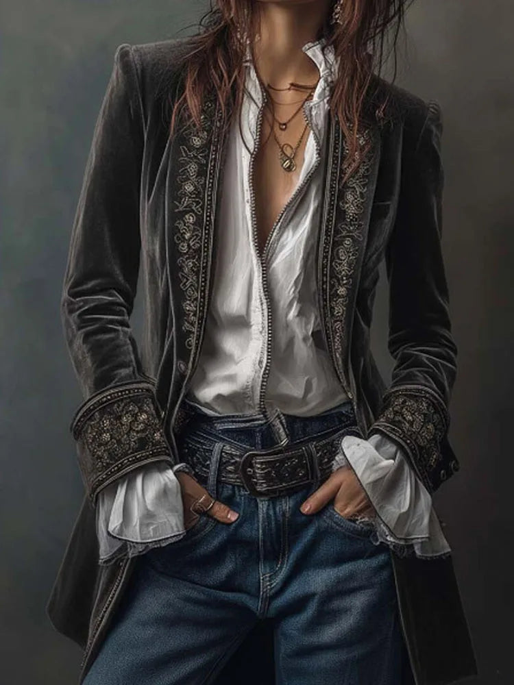 Autumn Causal Long Sleeve Women's Outercoat Winter Elegant Patchwork Lace Velvet Slim Coat Vintage Pattern Print Cardigan Jacket