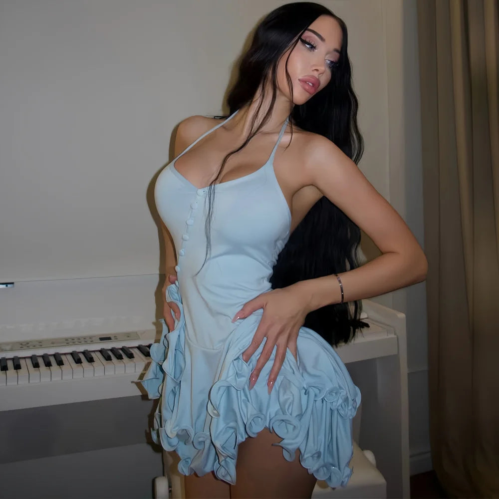 Absobe Women's A-Line Bodycon Mini Dress Ruffle Hem V-Neck Asymmetrical Buttons Long Sleeve Short Dress Party Streetwear Outfits