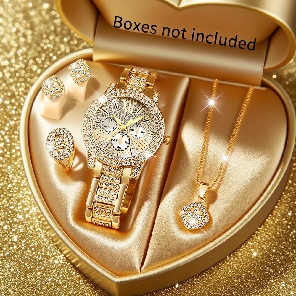 5PCS Elegant Women's Watch Jewelry Set Fashion Rhinestone Ladies Quartz Wristwatch Reloj Mujer Girls Clock Gift(Without Box)