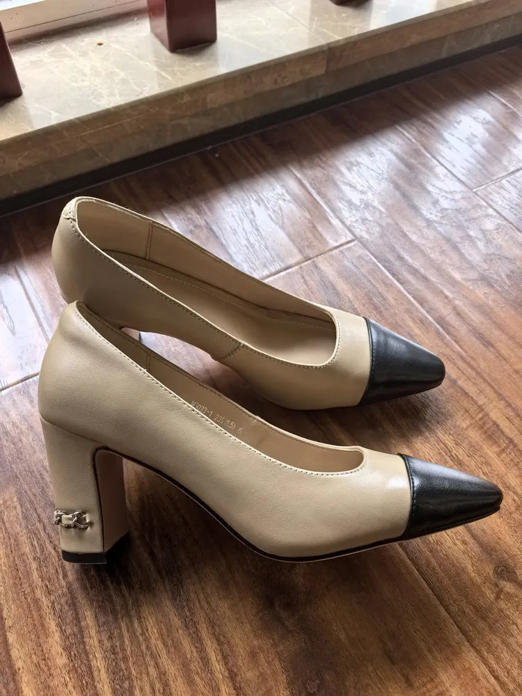 MKKHOU Fashion Shoes New High Quality Genuine Leather Shoes Color blocked Round Head Shallow Mouth High Heels Women's Shoes - Kimlud