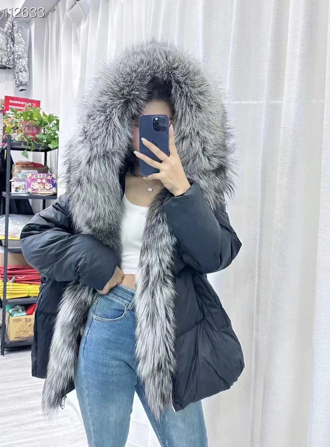 New Fashion Outerwear Puffer Jacket 2024 Women Coat White Duck Down Jacket Super Large Real Silver Fox Fur Collar Hooded