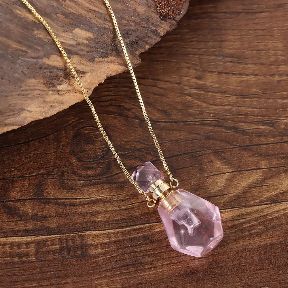 Women Natural Stone Pendant Necklace Wishing Bottle Crystal Perfume Essential Oil Diffuser Vial Jewelry Rose Quartzs Amethysts