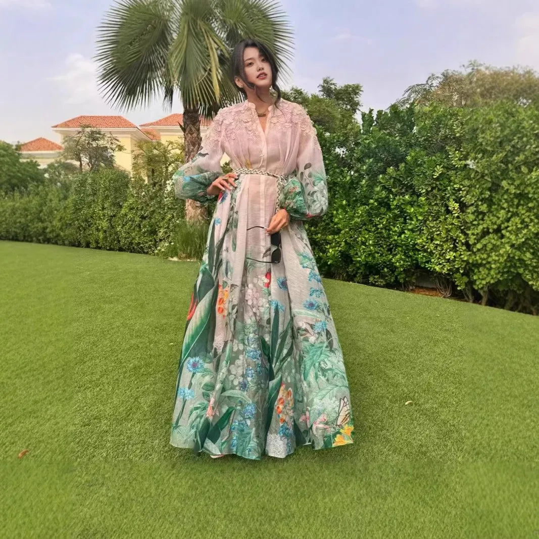 Heavy Embellied Floral Print Maxi Dr Court Sle Lantern Sve Midi Waist Spring Autumn Ladies Holiday Dr