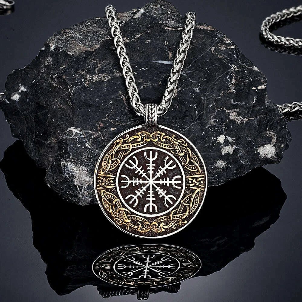 Vintage Ouroboros Vikings Rune Compass Necklace Men Norse Amulet Stainless Steel Pendant Genuine Leather Chain Icelandic Jewelry