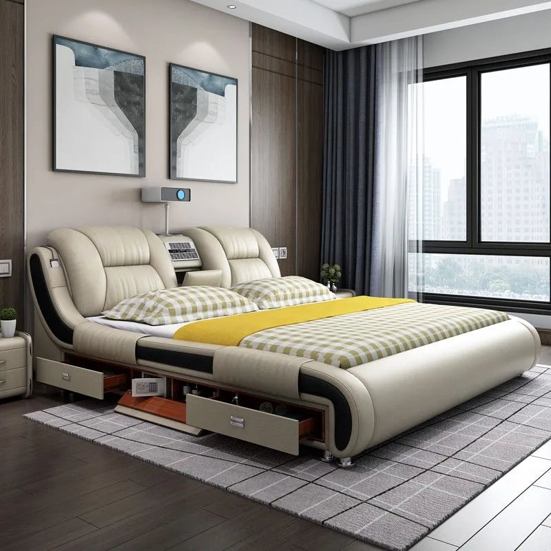 Modern Luxury Bedroom Furniture Smart Electric Massage Up-holstered Beds king Size Double Bed Mattress Plus Frame with...