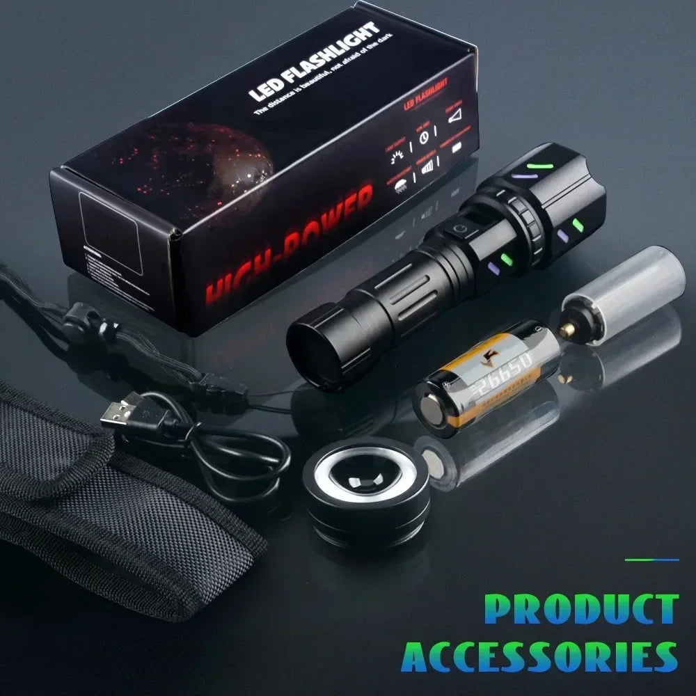 Bright LED White Laser Flashlight By 26650 Battery Zoom Tactical Torch with Ignition Lens for Outdoor Camping Emergency Lantern