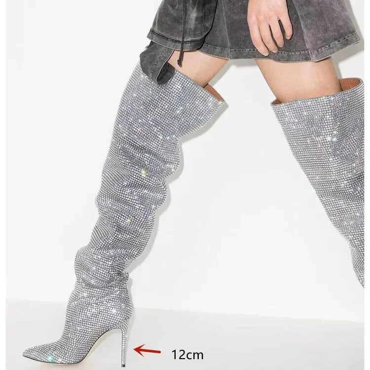 High quality European and American knee length rhinestone pile boots for women's sexy slim high heeled pointed runway boots