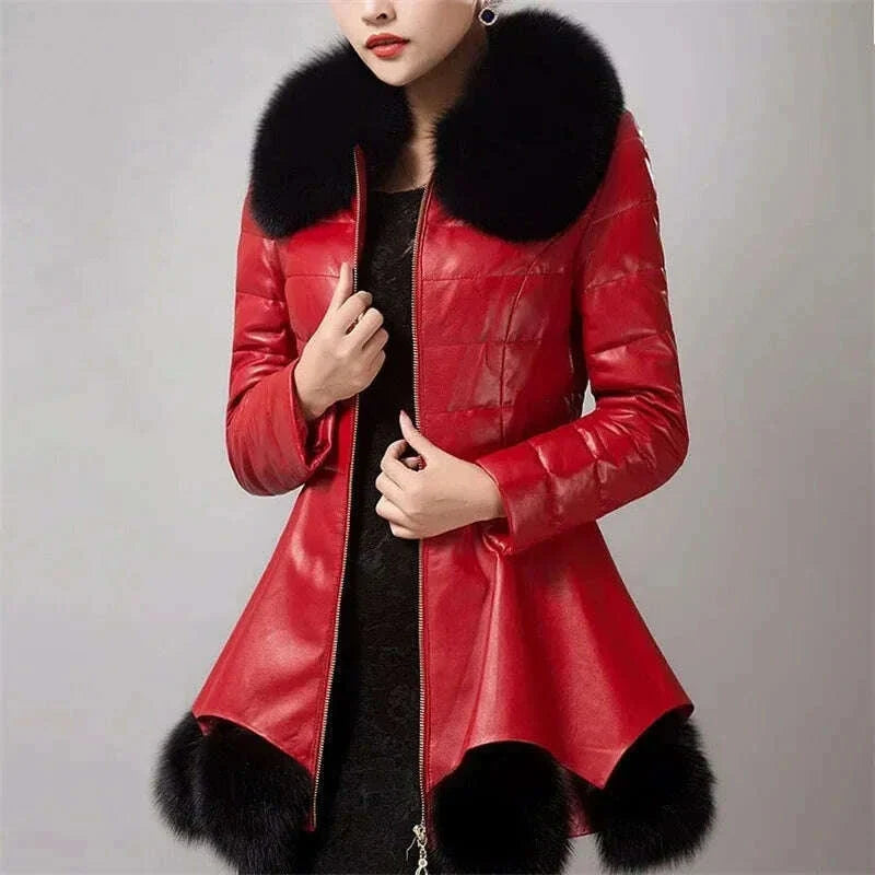 2025 Winter New PU Leather Jacket Faux Fur Coat Women's Thick Warm Cotton Jacket Long Slim Oversize Leather Coat Fur Collar Coat