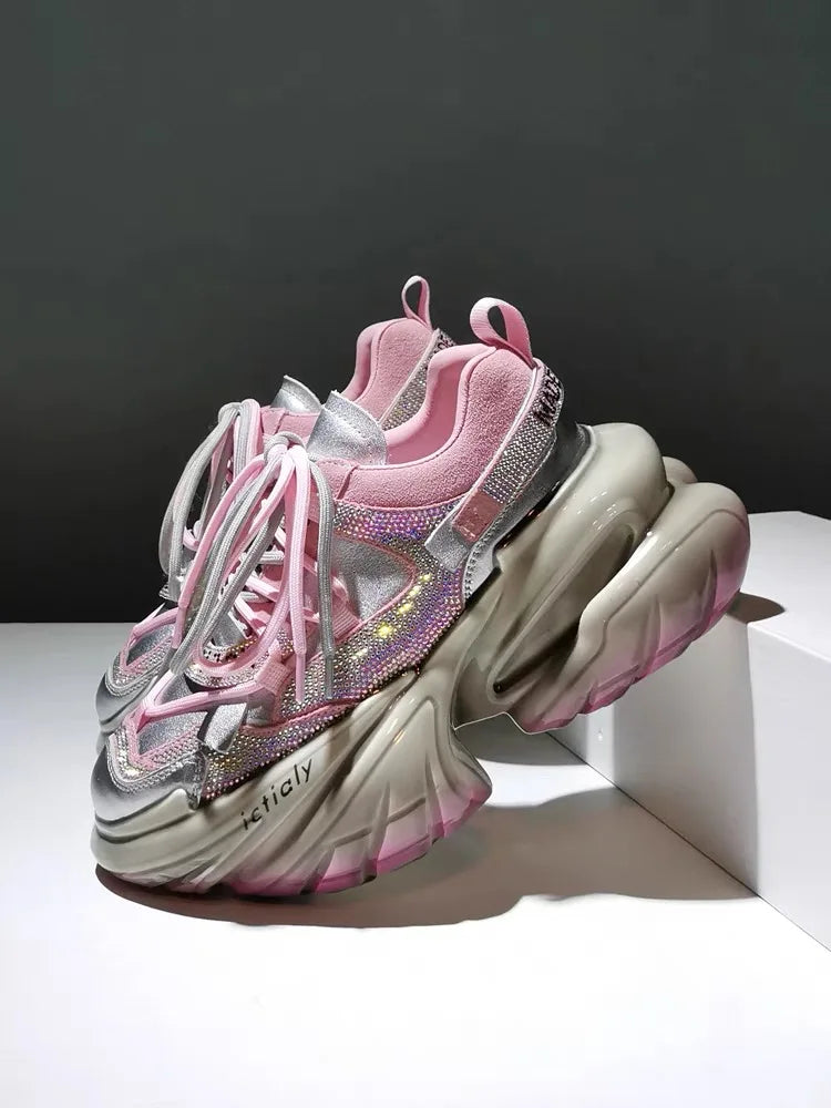 Women High Heels Platform Shoes Spring Crystal Fashion Luxury Designer Brand Chunky Sneakers Unique Design Real Leather Trendy