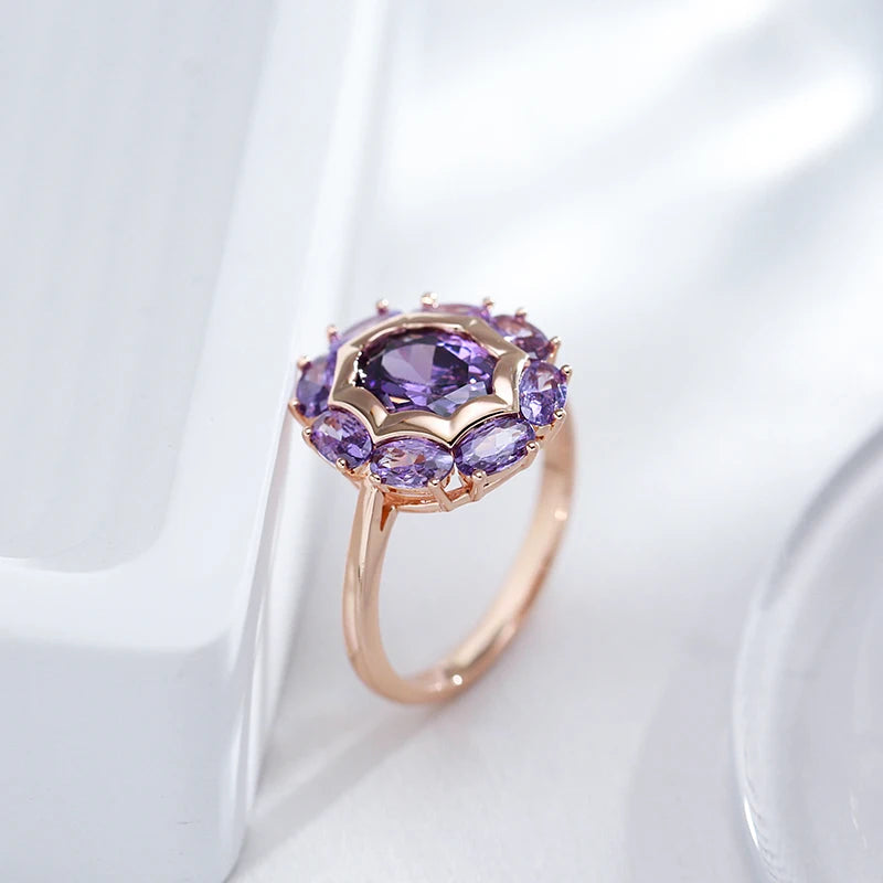 Kinel Unusual Sparkling Oval Purple Natural Zircon Rings for Women Luxury 585 Rose Gold Color Party Daily Fine Jewelry 2023 New