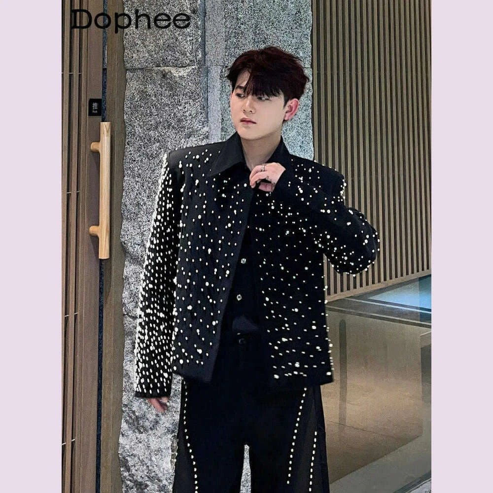 Men's 2025 Spring New Black Short Blazers Men's Niche Pearl Design Trendy High-end Tailored Coats Male Collarless Suit Jackets