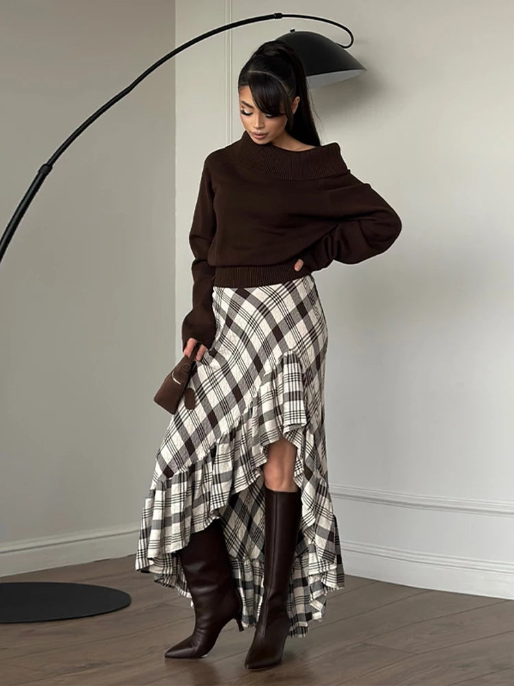 Fashion Black White Plaid Skirt Women Ruff Irregular High Waist Loose Skirts Female Spring New Chic Casual Holiday Streetwear - Kimlud