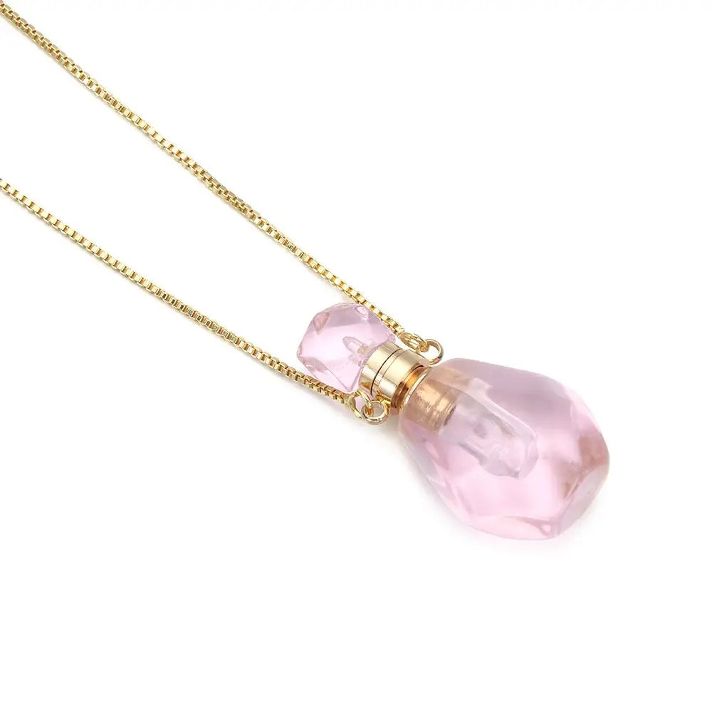 Women Natural Stone Pendant Necklace Wishing Bottle Crystal Perfume Essential Oil Diffuser Vial Jewelry Rose Quartzs Amethysts