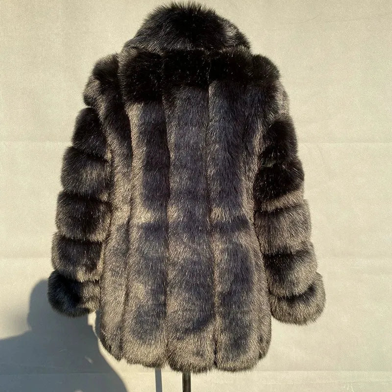 2025 Winter Women's Mid-Length Faux Fox Fur Coat Plush Luxe Warm faux fur Trench Elegant Thermal Outerwear Faux Fur Tops