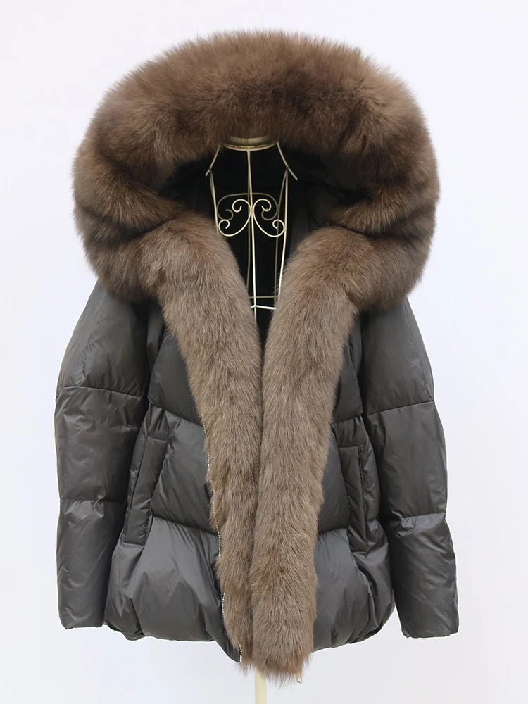 New Fashion Outerwear Puffer Jacket 2024 Women Coat White Duck Down Jacket Super Large Real Silver Fox Fur Collar Hooded