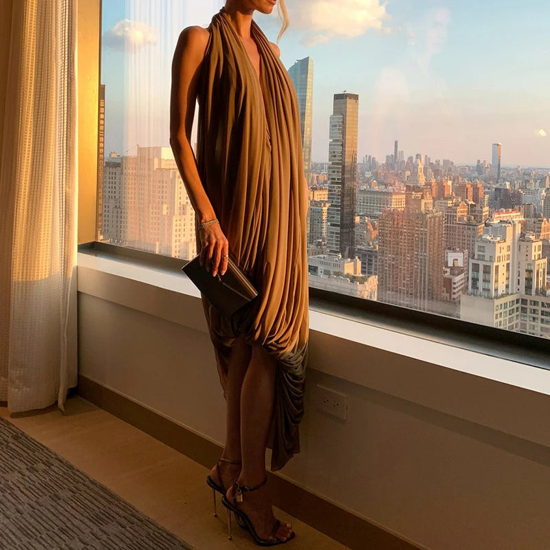 Fashion Irregular Ruffles Slim Dress Sexy Hollow Out Sleeveless Backless Dress Summer New Solid Hollow Out Party Dress for Women - Kimlud