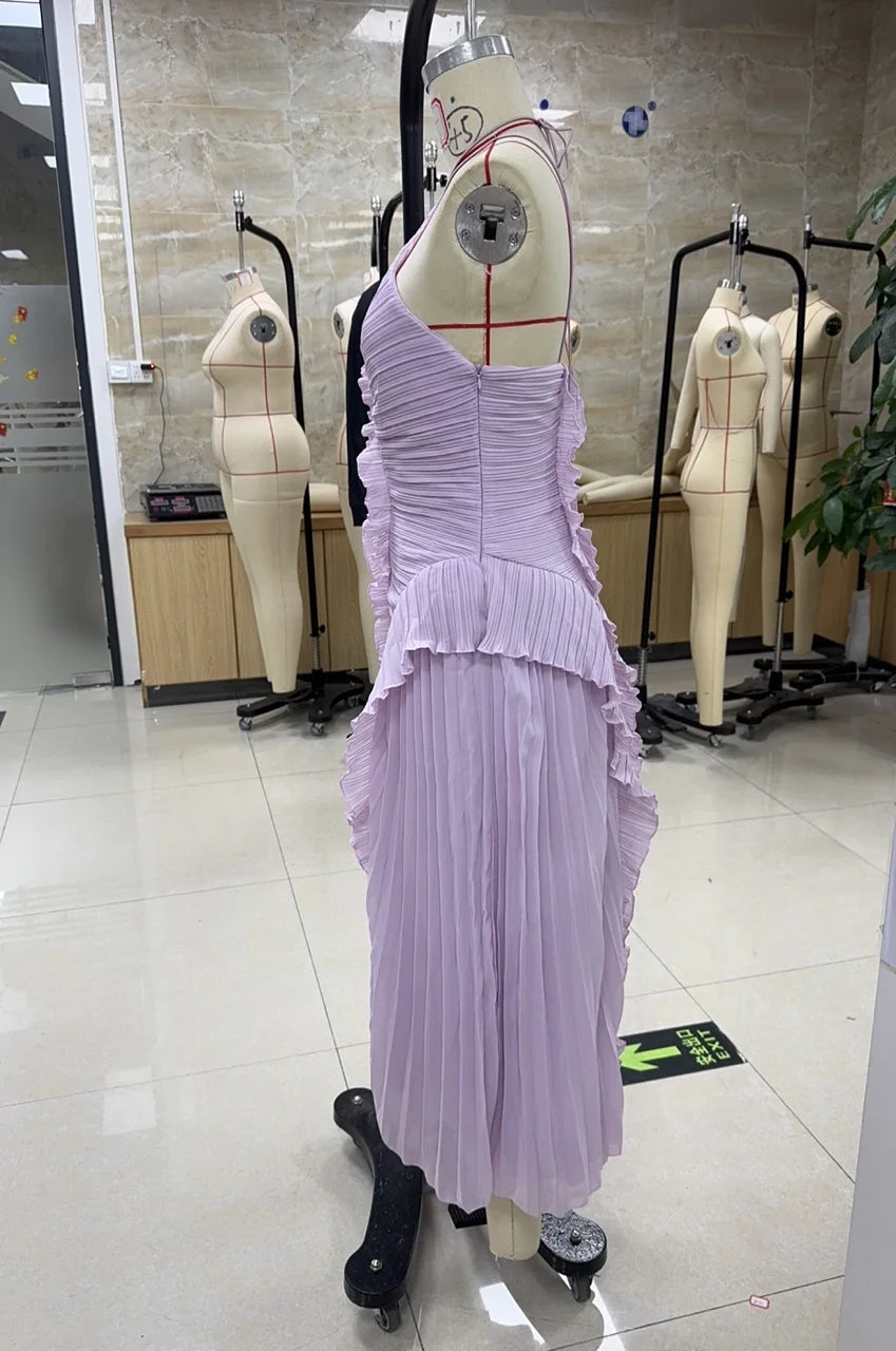 Elegant Women Ruffle Pleated Long Dress Fashion Sleeveless Halter Irregular Tiered Pleated Flowy Maxi Dresses for...