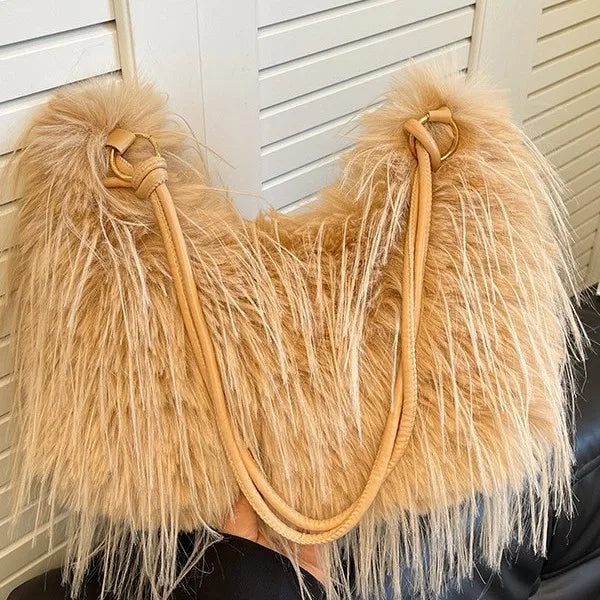 Trendy Large Capacity Plush Tote Bag Women's Crossbody Commuter Armpit Bag Street Style Fashion Soft Synthetic Leather Interior