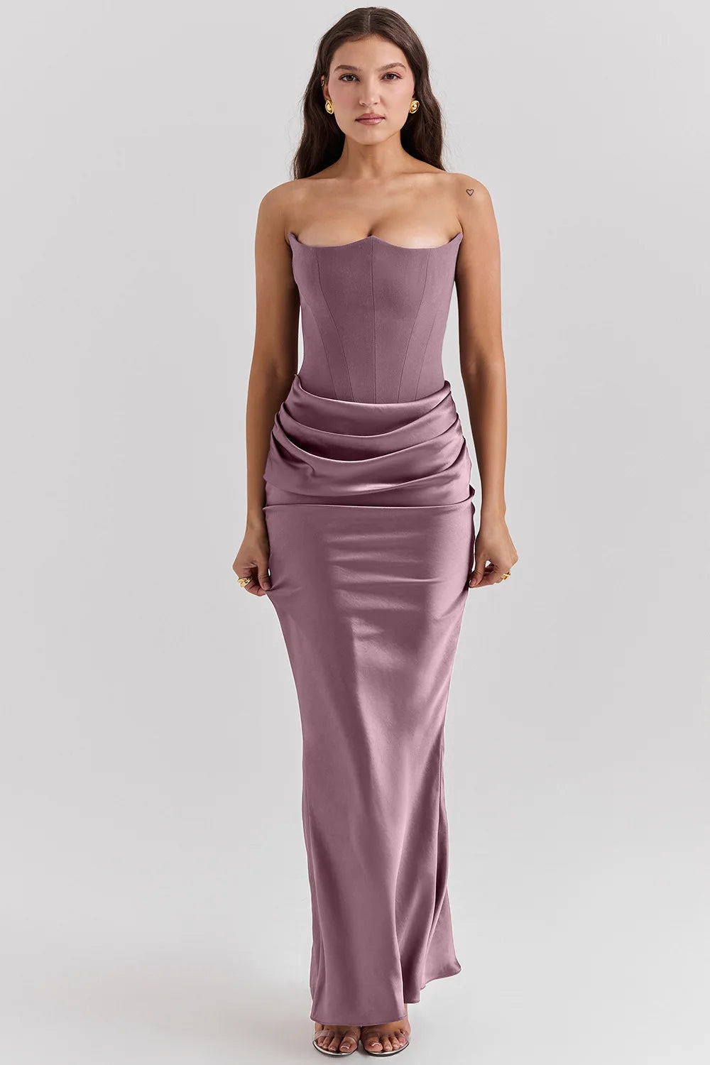 Elegant Pink Strapless Satin Patchwork Maxi Dress Women Sexy Sleeveless Ruched Bodycon Dresses Evening Cocktail Party Long Dress