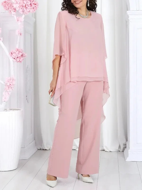 Elegant 2 Pieces Sets Woman's Chiffon Solid Mid-Sleeve Layered ruffled edges Long Top & Straight-leg Trousers Pants Sets Outfits