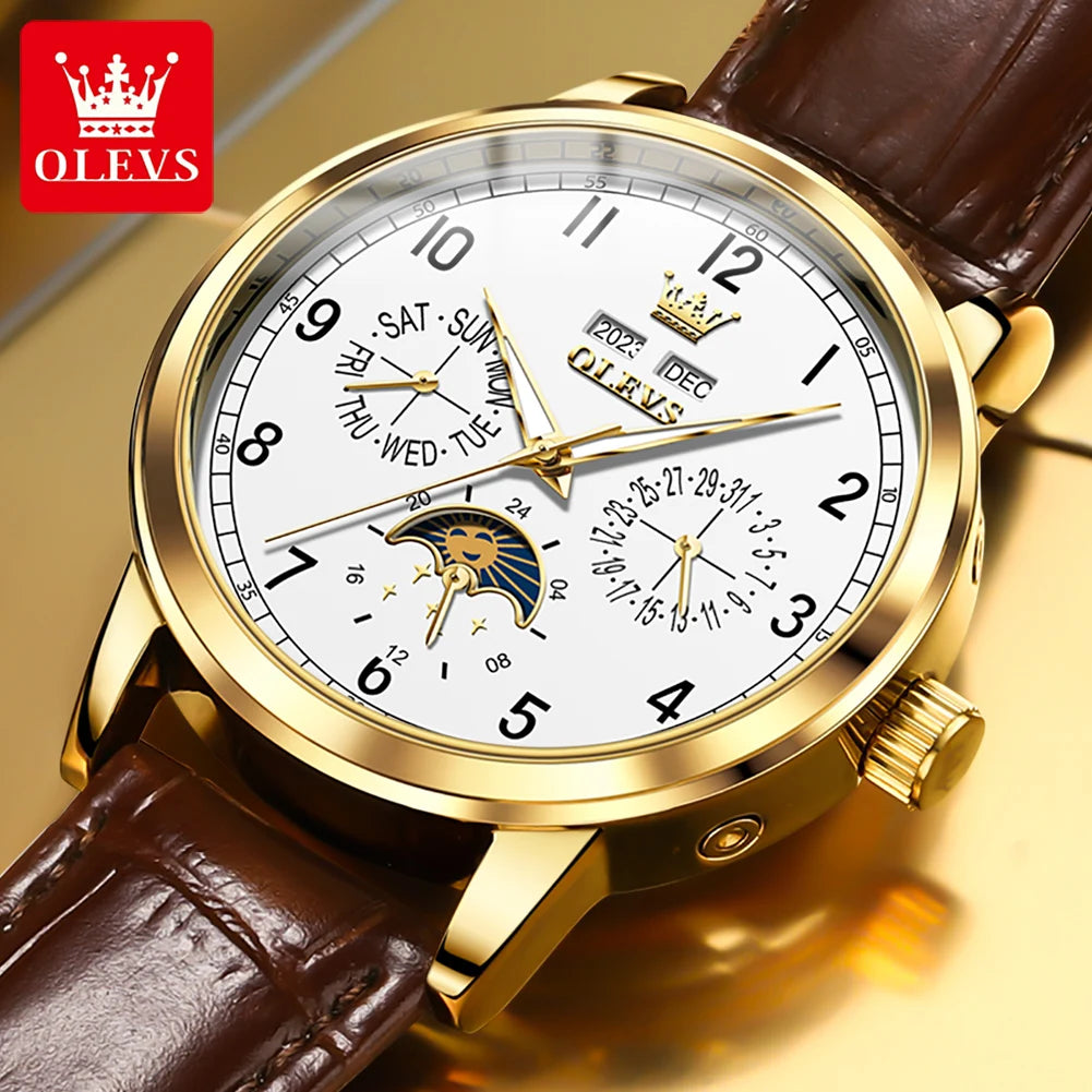 OLEVS 6698 Mens Watch Luxury Dress Brand Moon Phase Automatic Mechanical Watch For Men Leather Waterproof Dual Calendar...