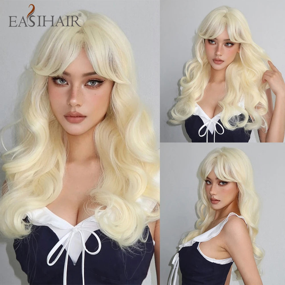 EASIHAIR Sandy Blonde Golden Wavy Synthetic Wigs with Long Bangs Cosplay Lolita Party Hair Wigs for Women Natural Heat Resistant