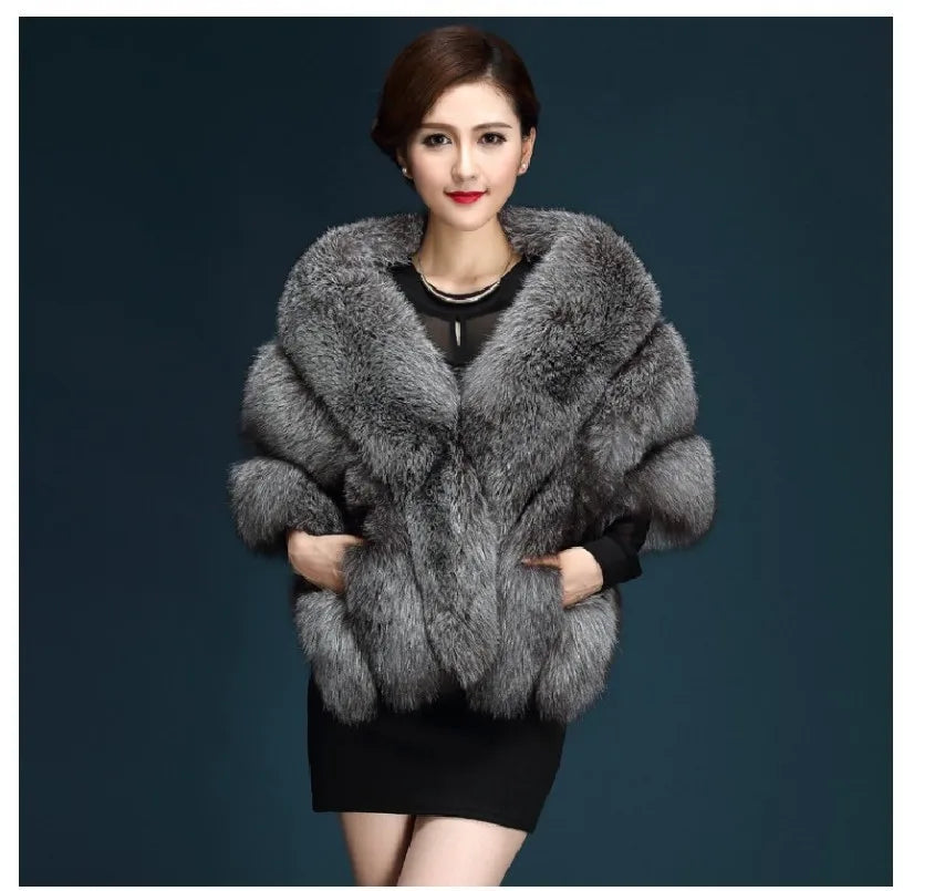 Faux Fur Fox Women Coats Shawl Cloak Coat Thick Open Stitch Elegant Maxi Warm Wedding Work Thick Outerwear Autumn Winter