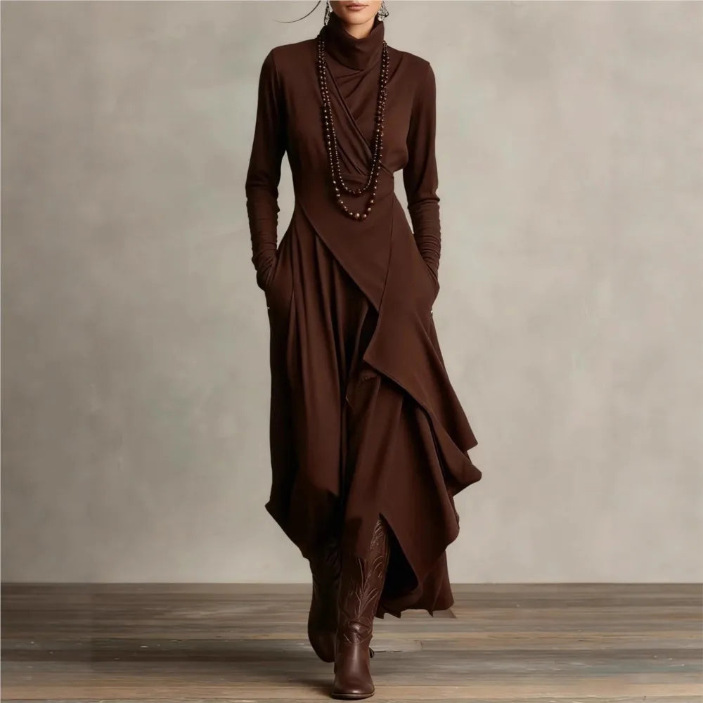 Irregular Dress Solid Color Long Sleeve Spring Autumn Women's New Cross High Neck Long Dress Vestidos Para Mujer Ropa Mujer