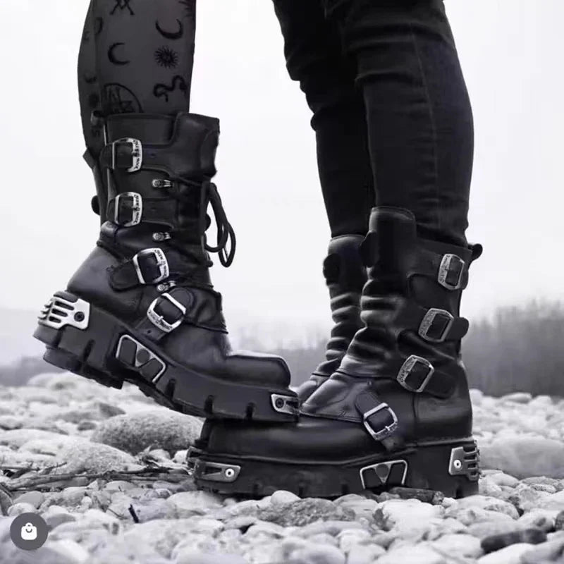 Men's Fashion Genuine Leather Motorcycle Boots Goth Skull Punk New Unisex Mid-calf Cowboy Boots Metallic Combat Boots